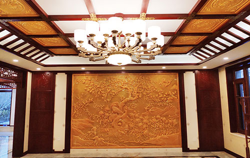 包头中式别墅客厅中式木作横梁吊顶装饰展示